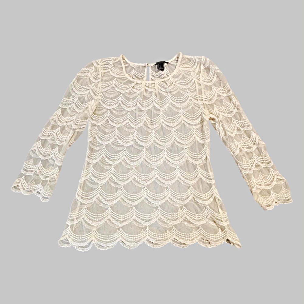Forever 21 Womens S Scalloped Lace Mesh Sheer Top Ivory Boho Layer Romantic